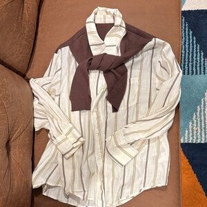 Striped Button-Up Shirt with Brown Sweater